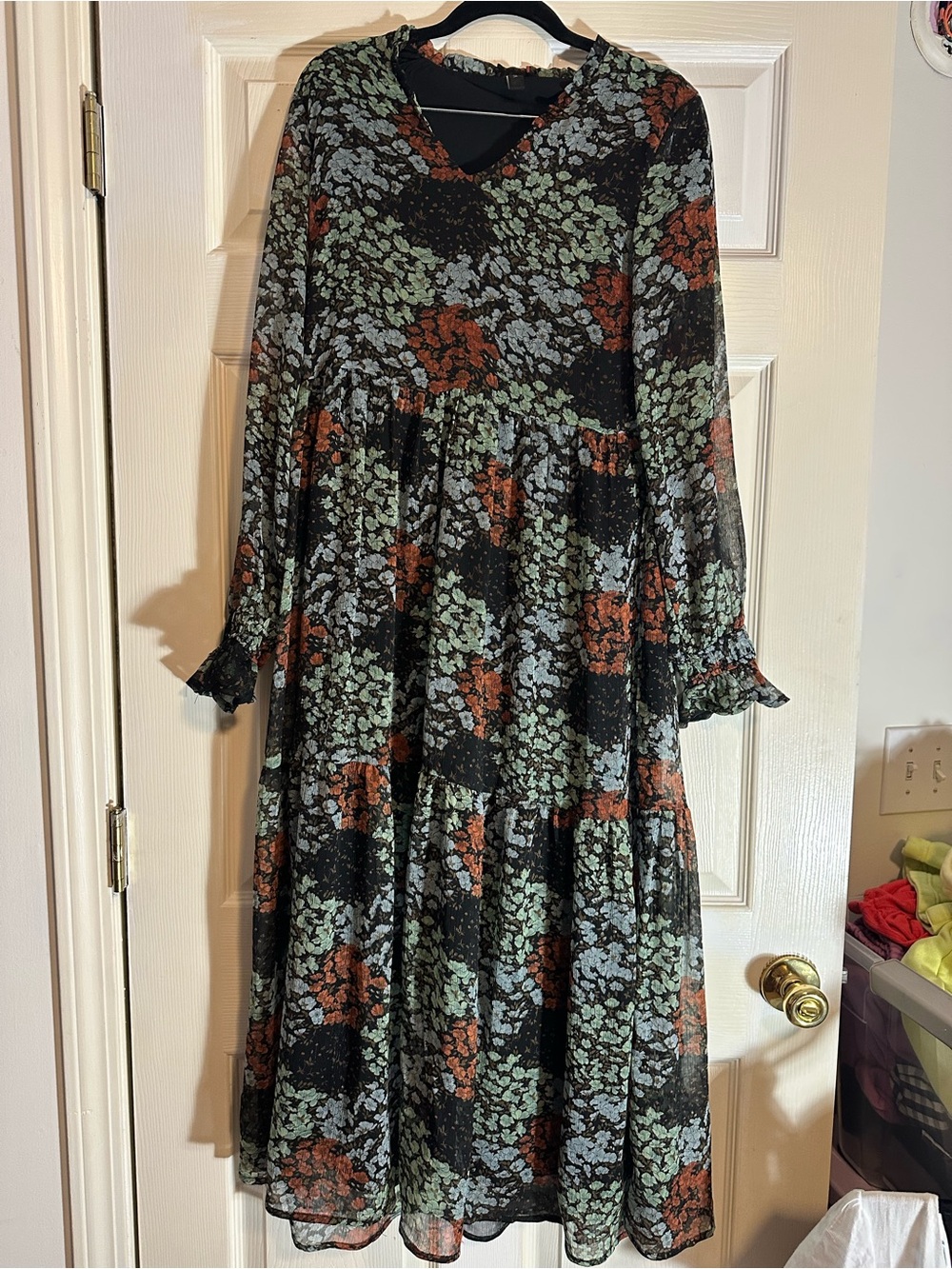 Black Floral Tiered Maxi Dress with Green & Rust Accents